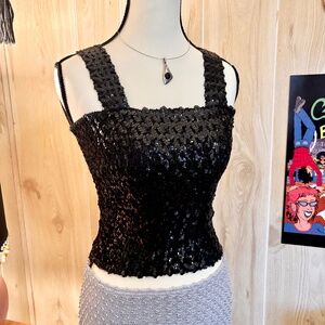 Vintage Womens Small Black Sequin Stretch Knit Tank Top 70s 80s